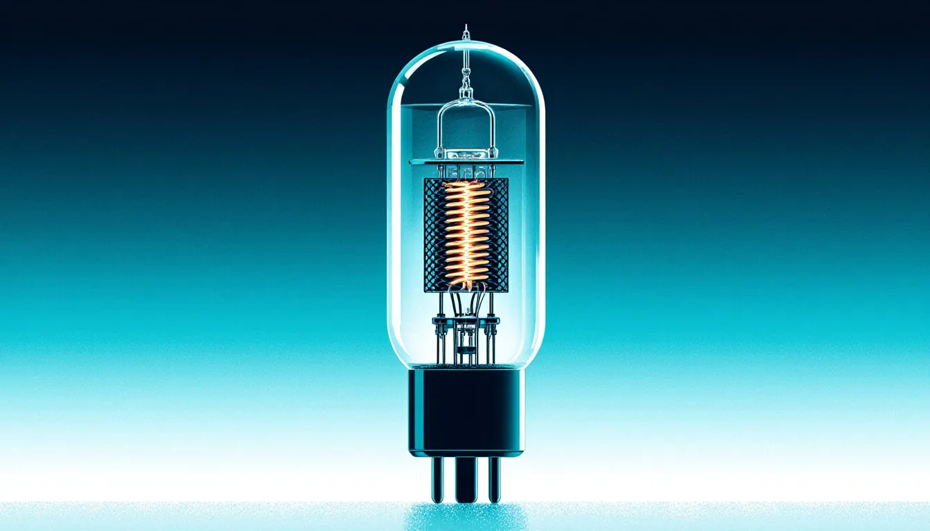 Illustration of a glass vacuum tube with its glowing filament and internal electrodes visible inside the transparent envelope
