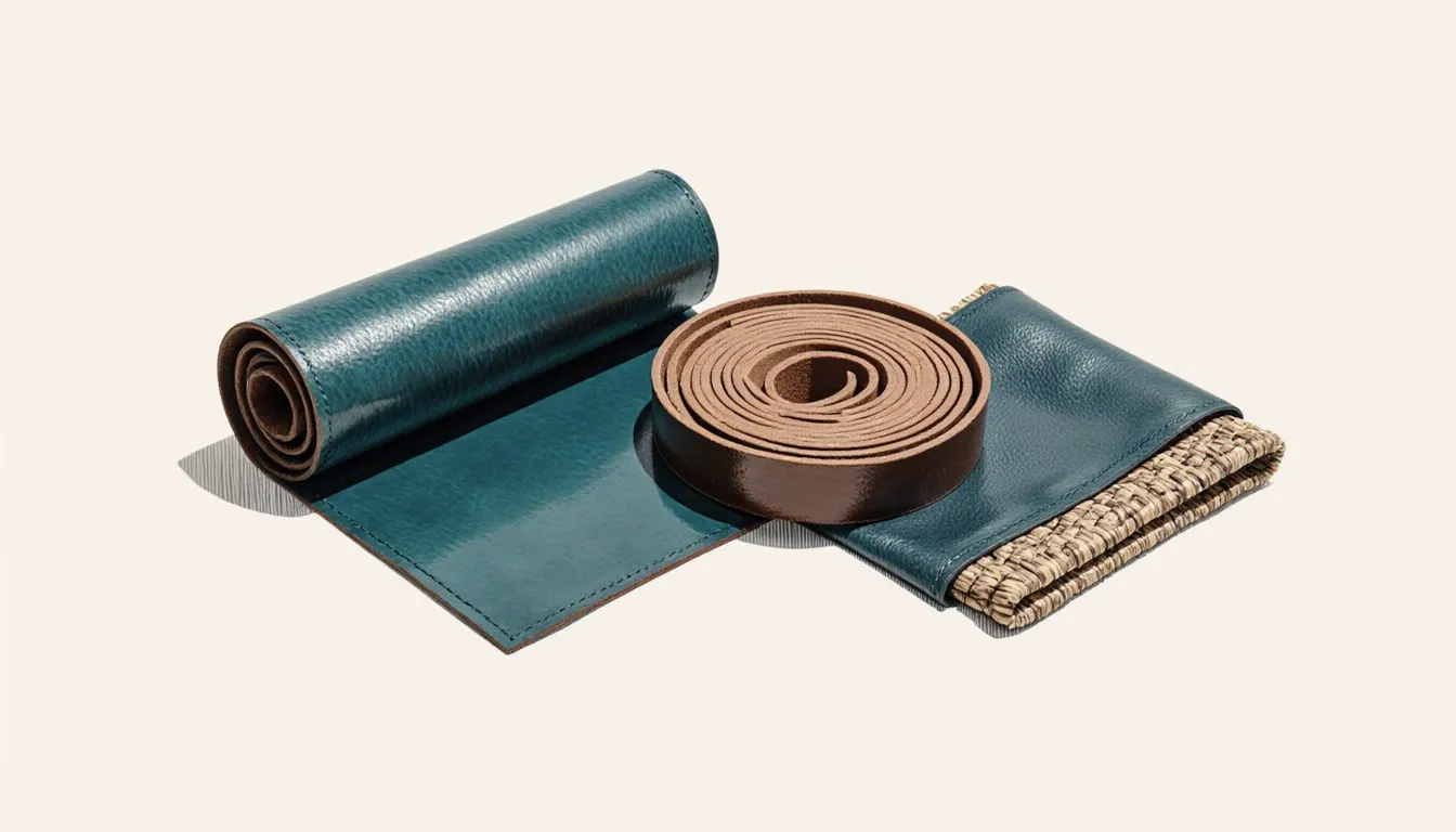 Three sheet-like materials shown together: tanned hide, rolled fruit leather, and woven plant-fiber leather alternative
