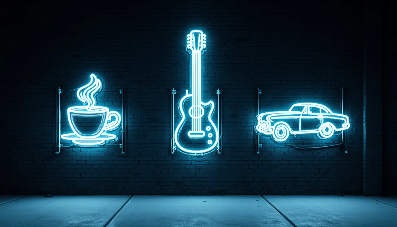 Vintage neon signs shaped like a coffee cup, a guitar, and a classic car glowing on a night storefront wall