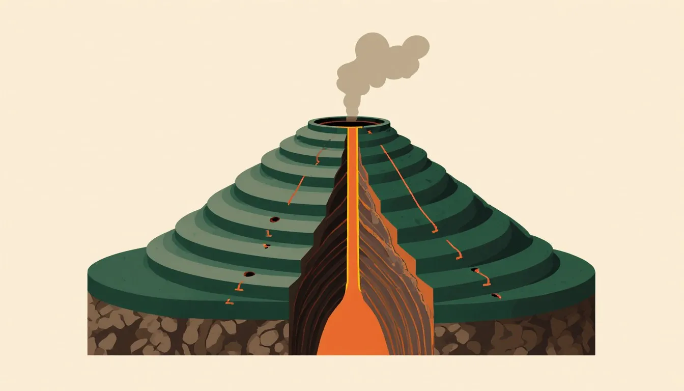 Cross-section illustration of a volcano showing the magma chamber, rising conduit, and an erupting summit vent