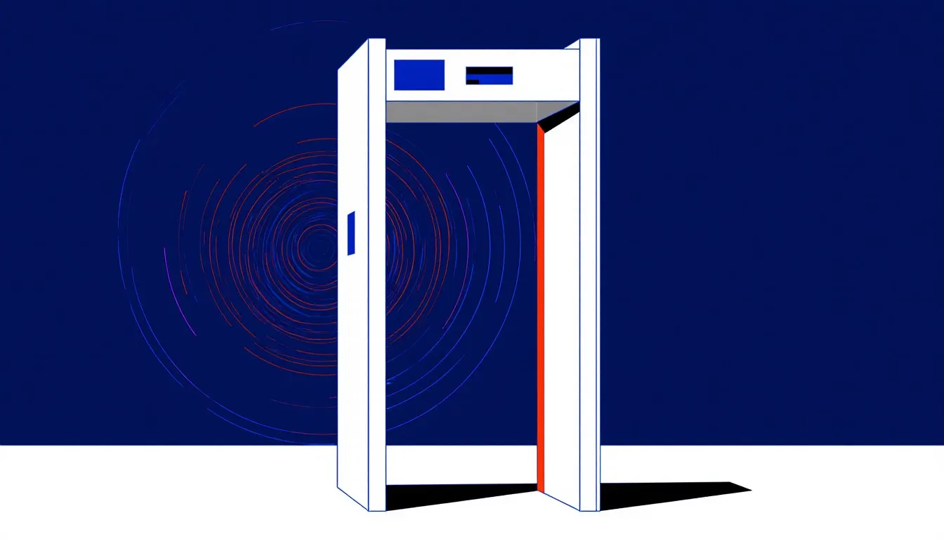 A walk-through metal detector archway with its internal coil and looping magnetic field lines visible.