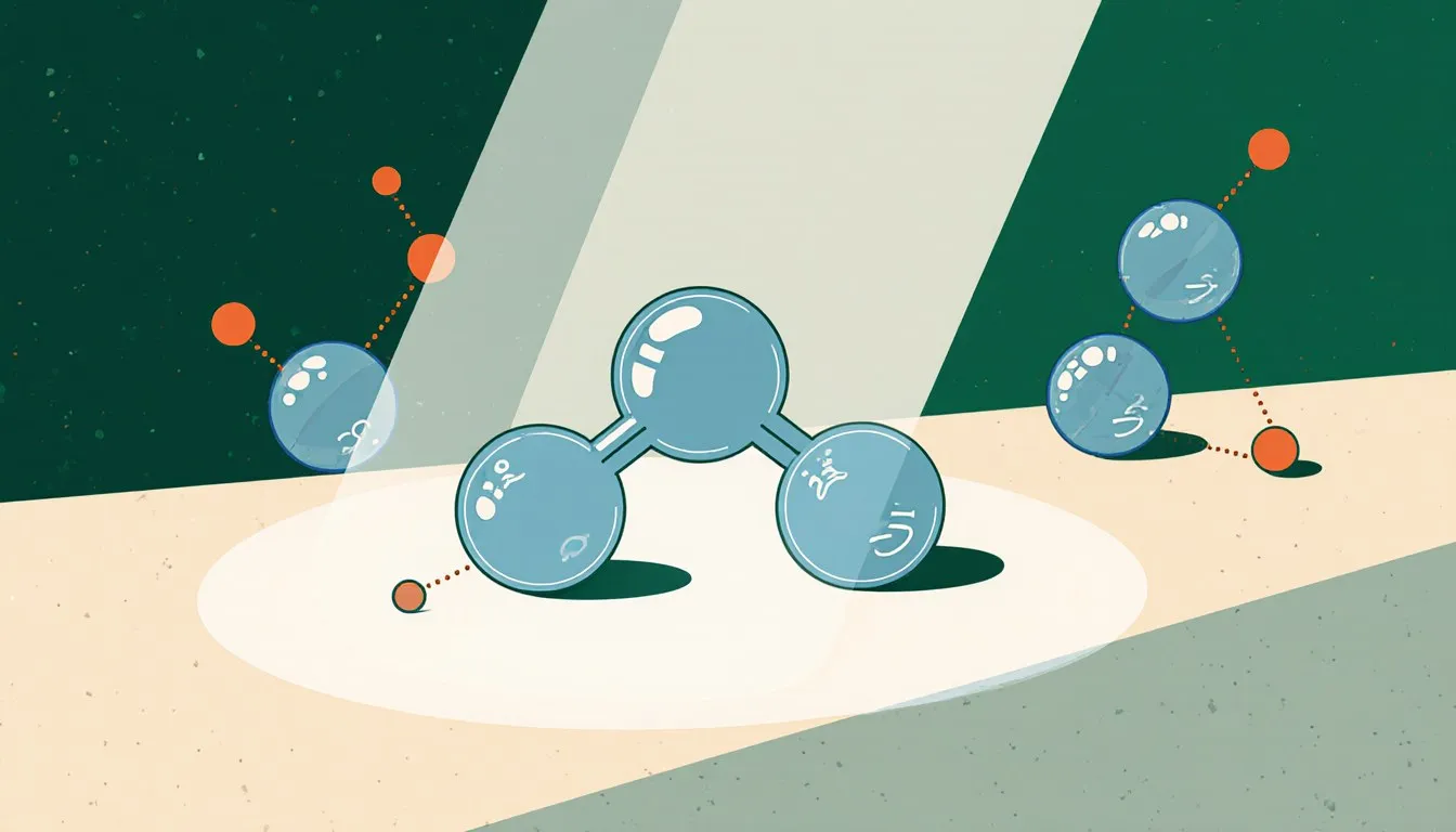 A large water molecule with vibrating O-H bonds, linked to neighboring molecules by hydrogen bonds and crossed by a thin