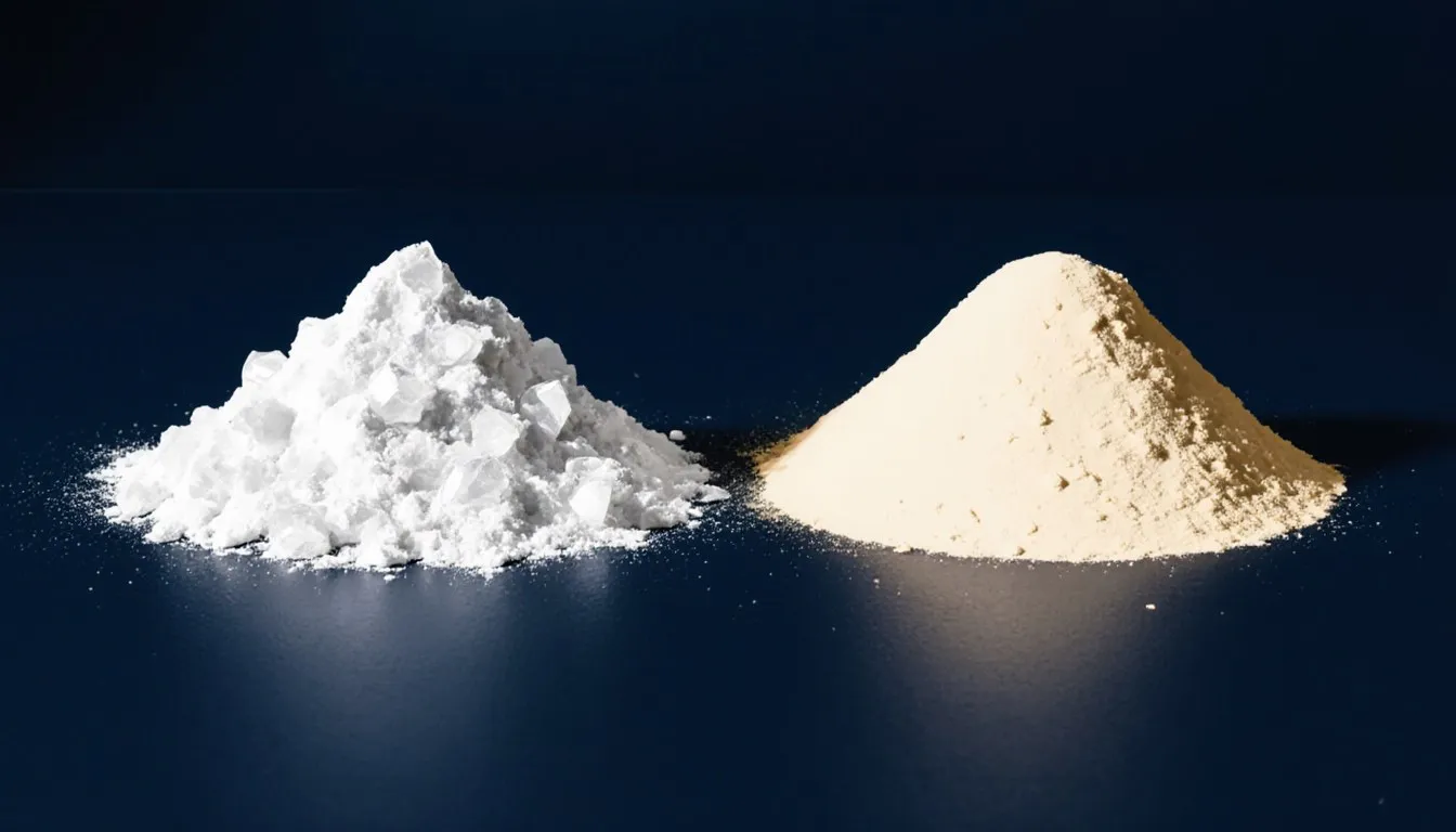 Two mounds of white powder compared side by side: coarse washing soda crystals and fine baking soda powder