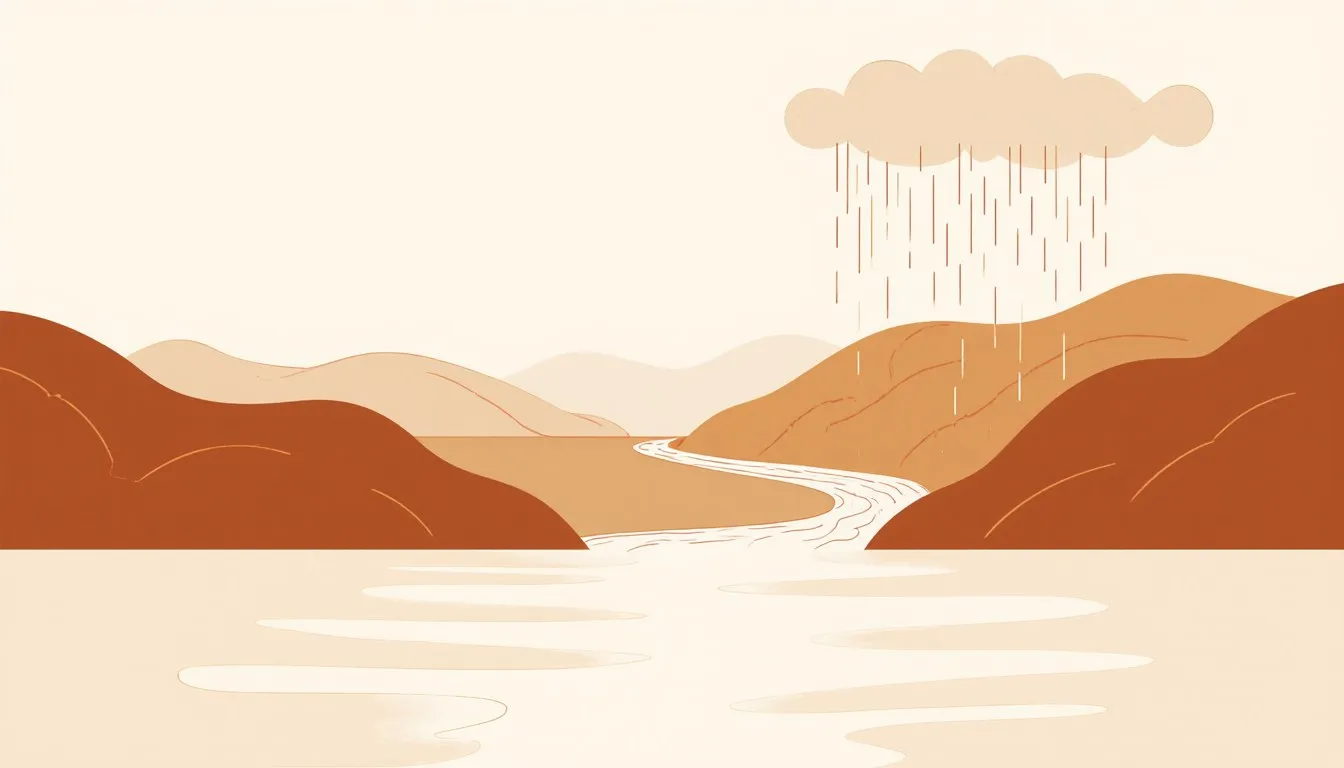 Landscape illustration showing the water cycle: vapor rising from a lake, clouds forming, rain falling on hills, and a