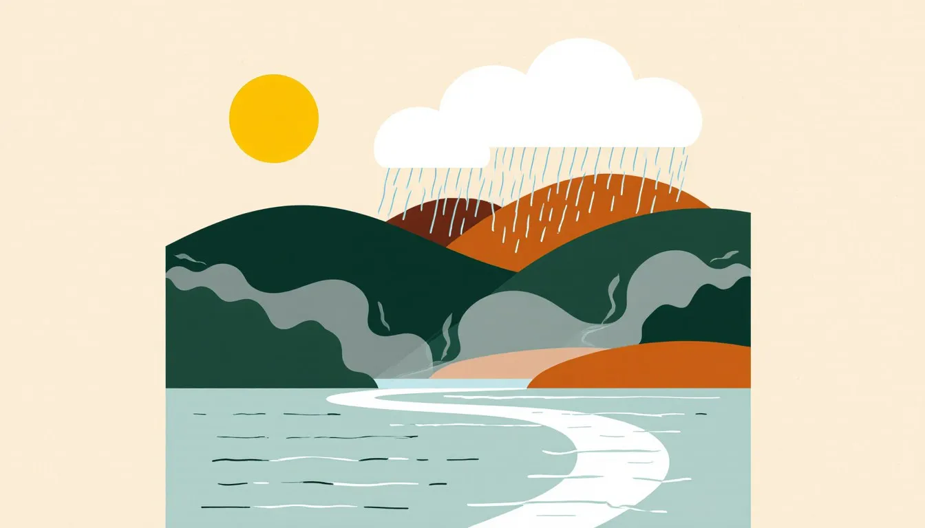 Illustration of the water cycle: sun-warmed sea mist rising to clouds, rain falling on hills, and a stream returning water