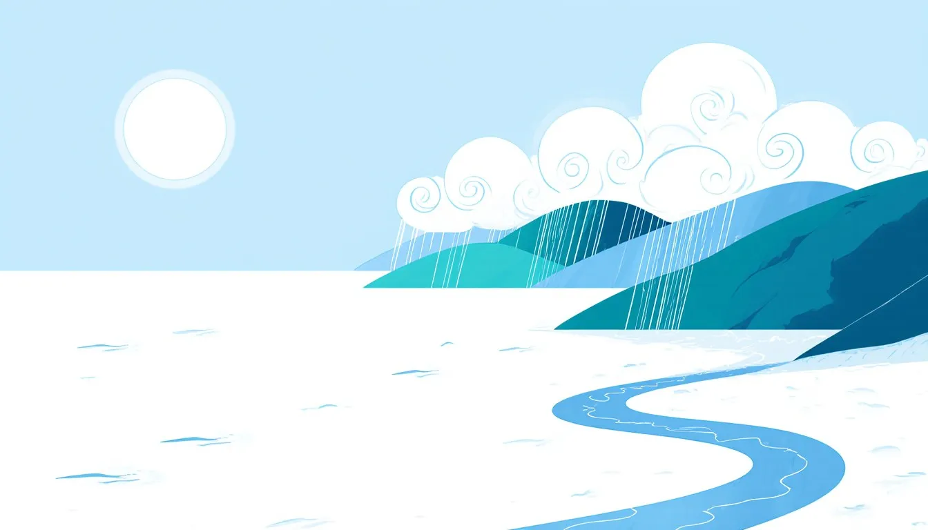 Illustrated coastal scene showing the water cycle: sun evaporating sea water into clouds that rain down onto hills and flow