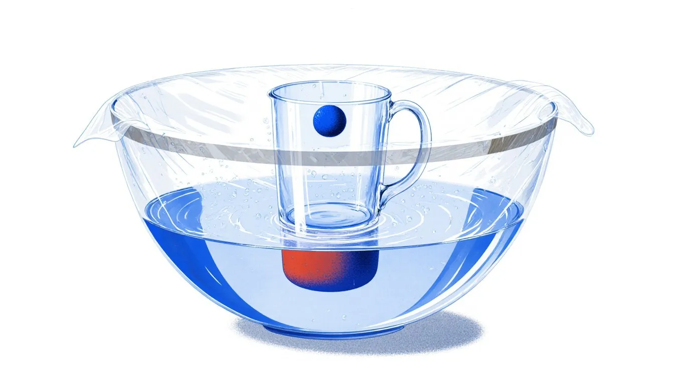 Illustration of the water-cycle bowl experiment, a cup floating in covered blue water with a weight on the wrap