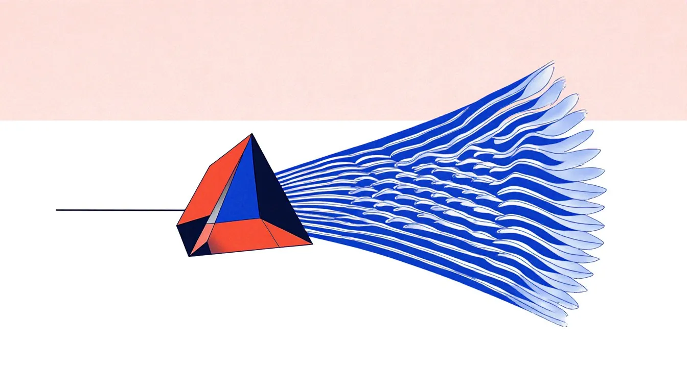 A prism splitting a beam of light into a fanned band of waves ranging from long loose curves to short tight ones