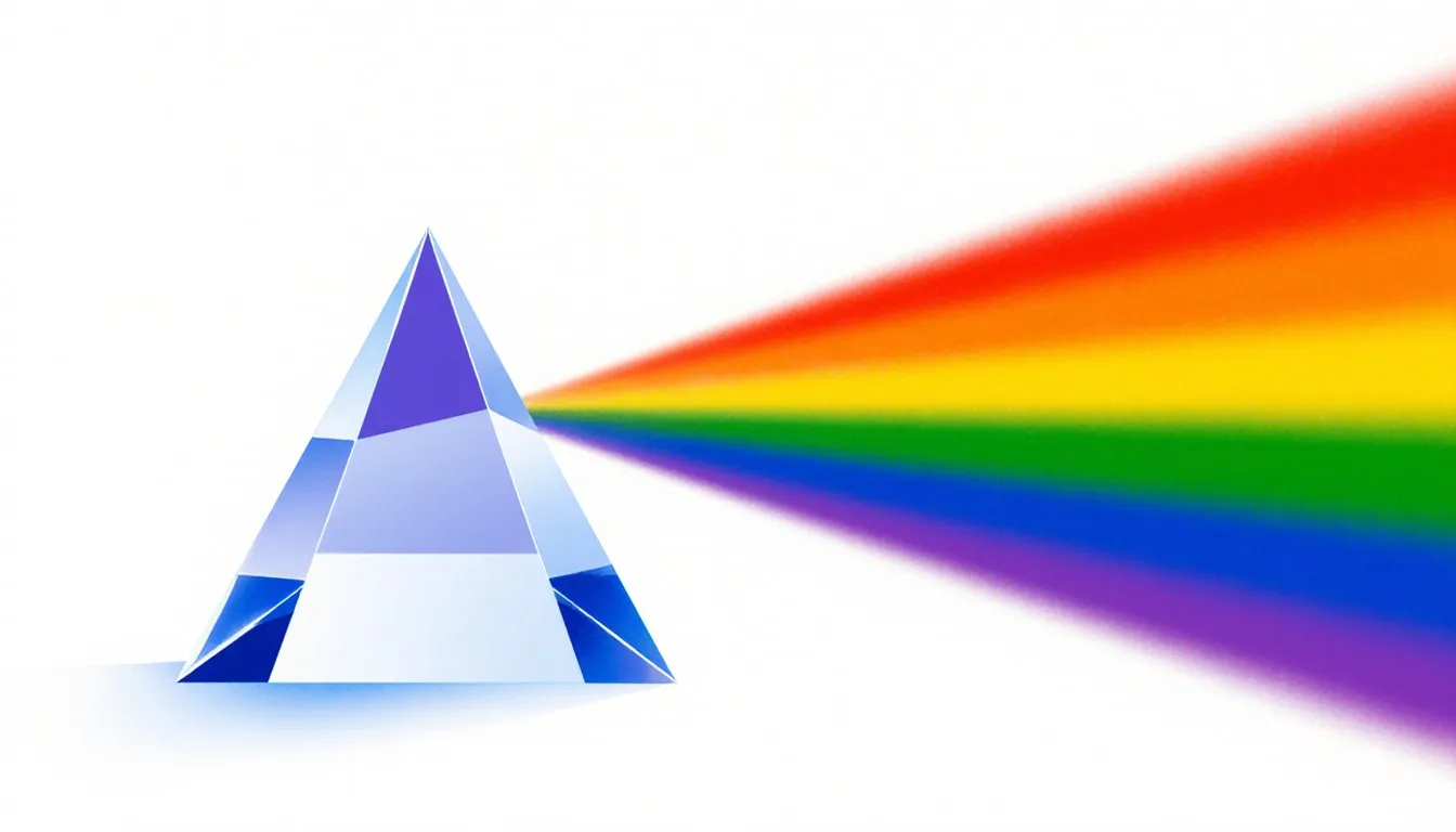 A glass prism splitting a beam of white light into a fan of spectral colors from violet to red
