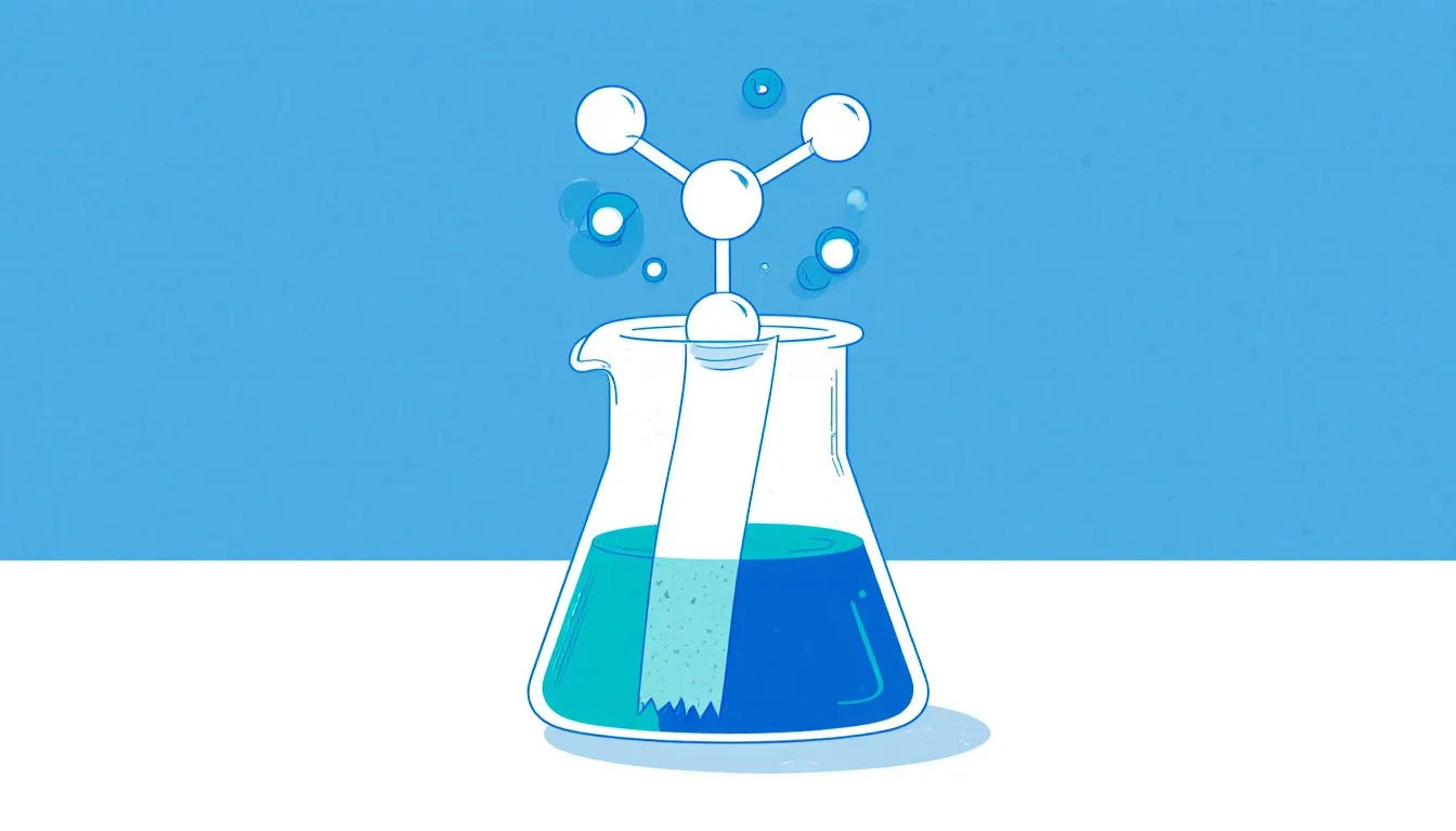 A beaker with litmus paper partially turning blue beside a floating ammonia molecule model, illustrating a weak base