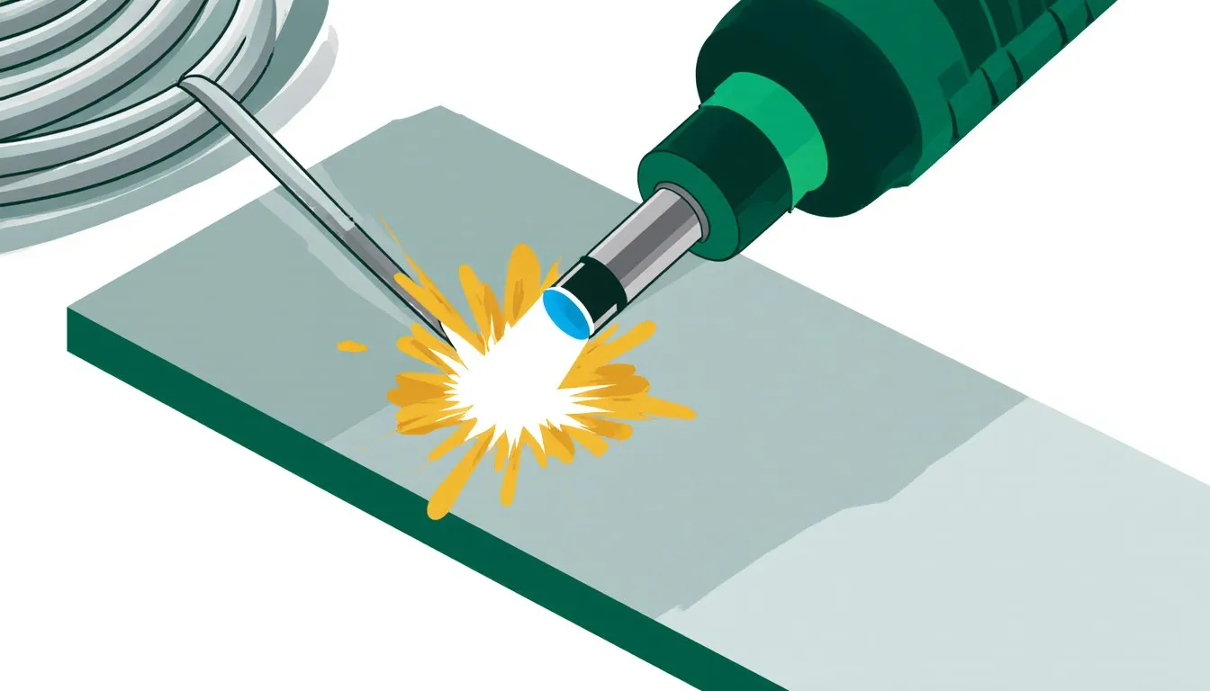 A TIG welding torch striking a bright arc on a metal plate, forming a glowing weld bead