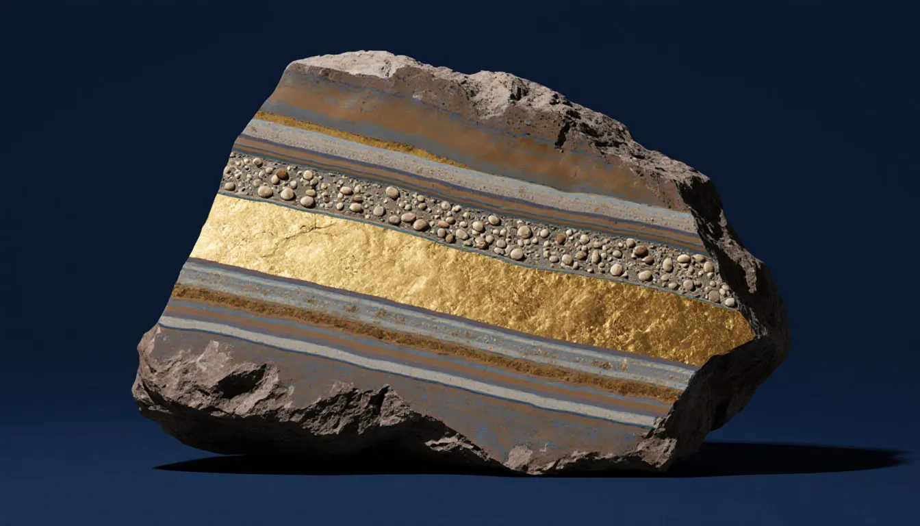 A cross-section of sedimentary rock showing stacked horizontal layers of compacted sediment