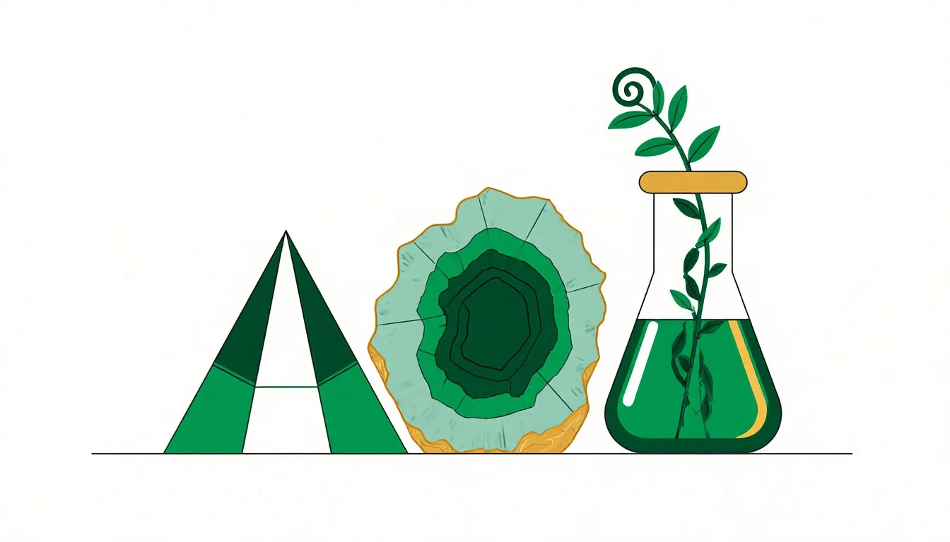 A prism, layered rock specimen, and lab flask arranged together, representing the branches of natural science
