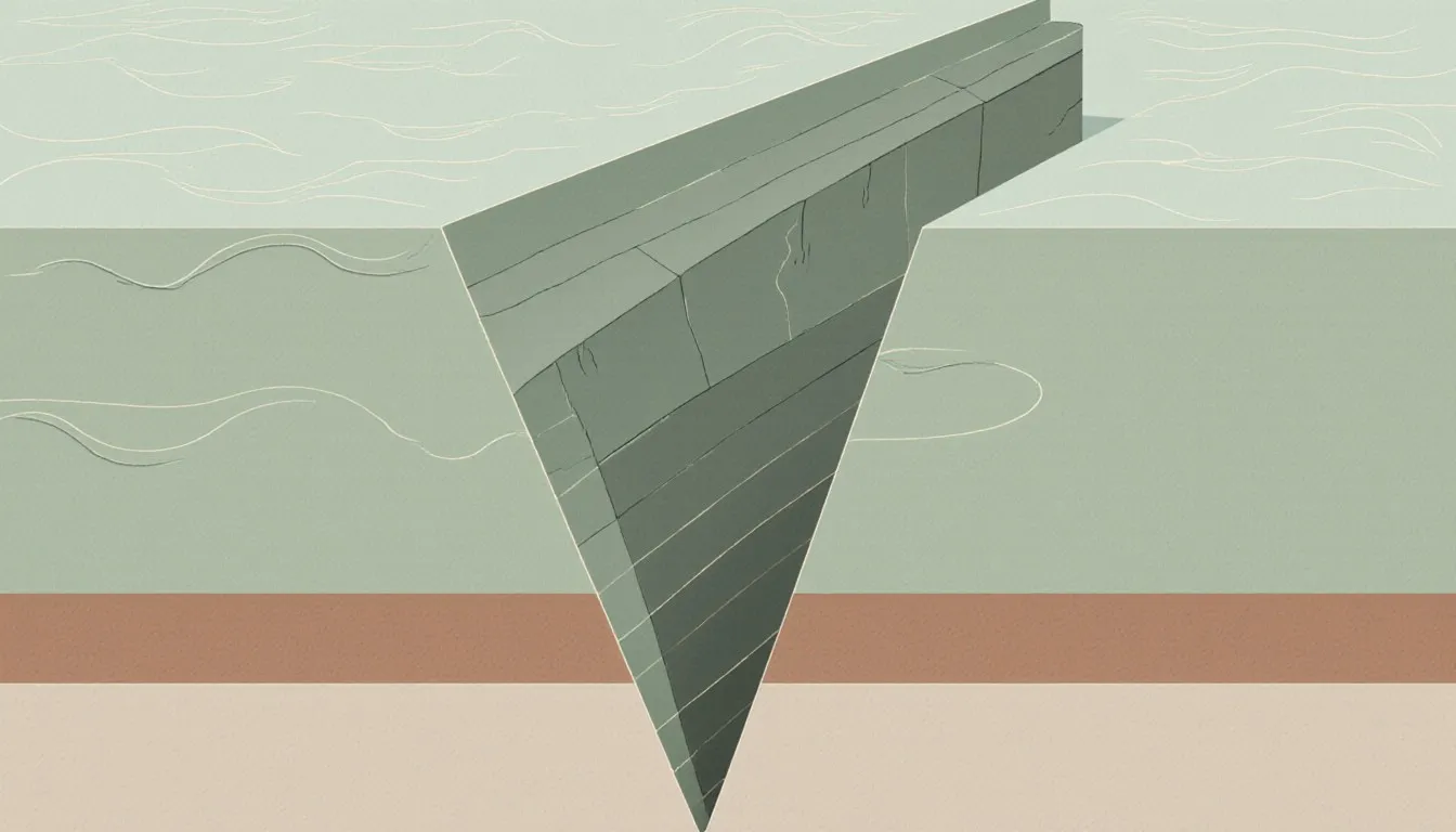 Cross-section illustration of an ocean trench formed where one tectonic plate subducts beneath another on the sea floor.