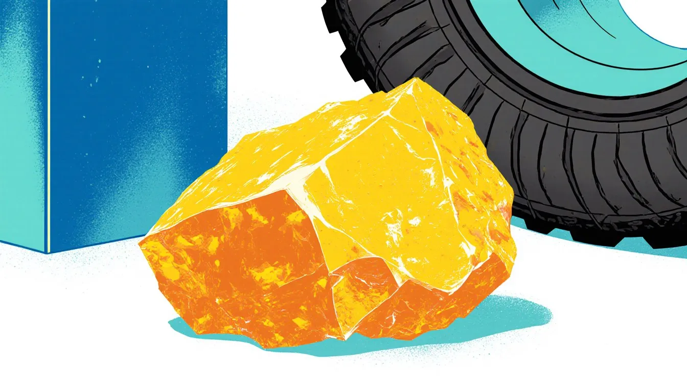 A sulfur crystal, glowing steel ingot, and coiled rubber tread illustrating chalcogens' industrial uses