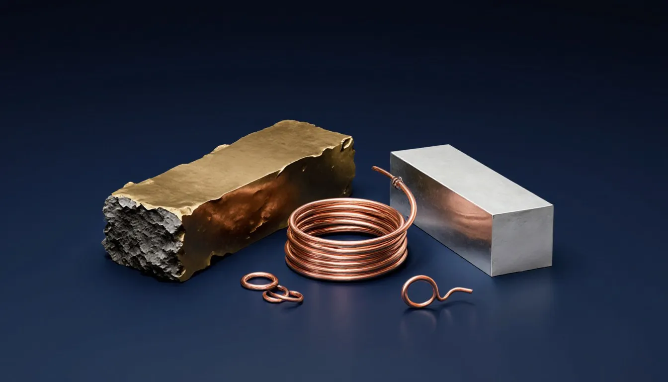 An iron ingot, coiled copper wire, and silver bar arranged together, representing transition metals and their uses