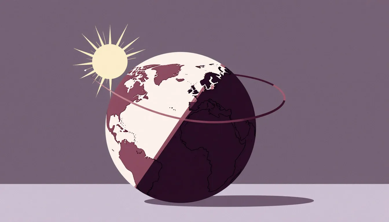 Globe of Earth half lit by sunlight and half in shadow, illustrating the line between day and night