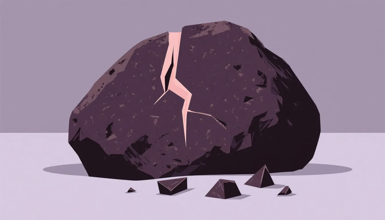 Illustration of a large boulder split by a jagged crack with broken rock fragments at its base