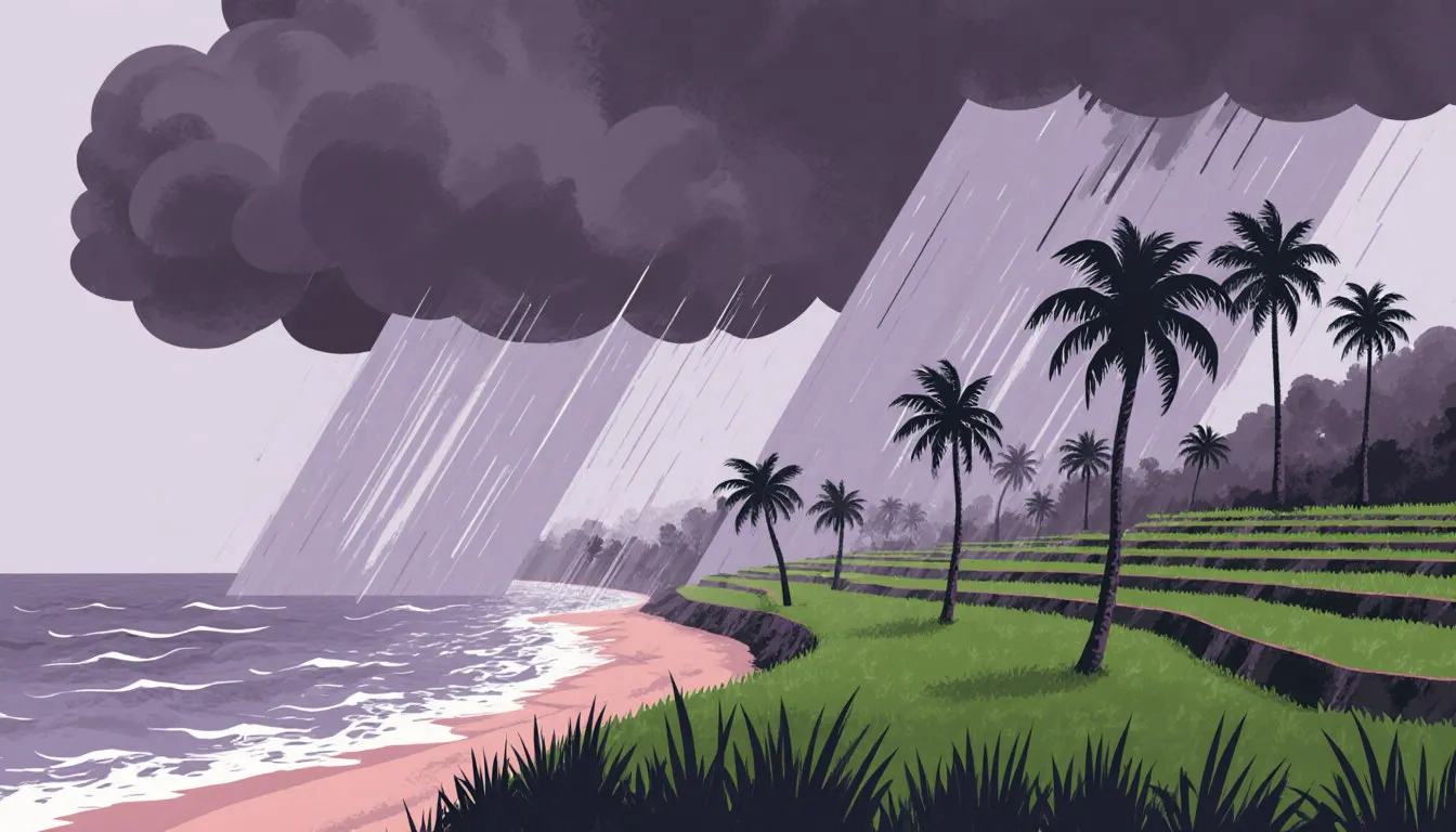 Heavy monsoon rain clouds rolling in from the sea over a tropical coastline with bending palm trees