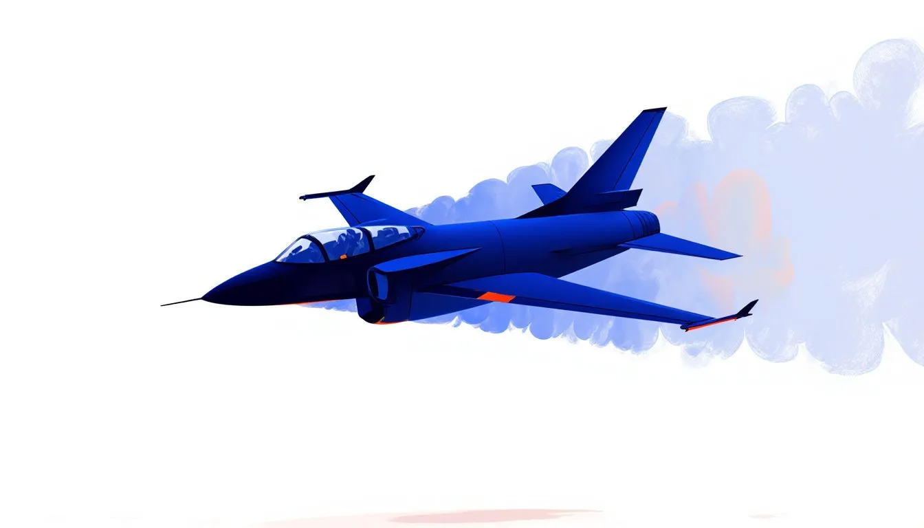 Illustration of a blue jet with a vapor cloud forming around its fuselage