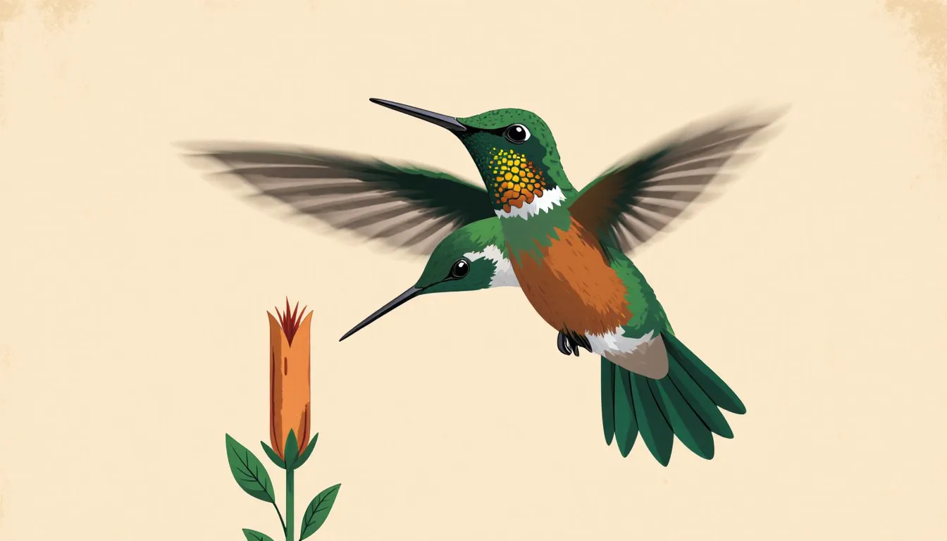 A hummingbird hovers beside a tubular flower, wings spread and bill reaching toward the nectar