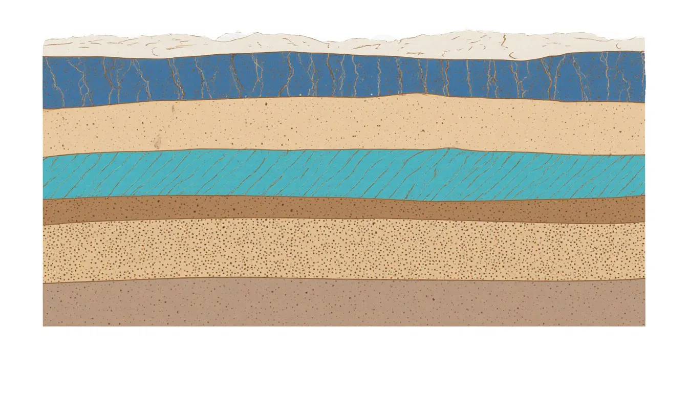 Cross-section of stacked horizontal rock strata layers illustrating the law of superposition