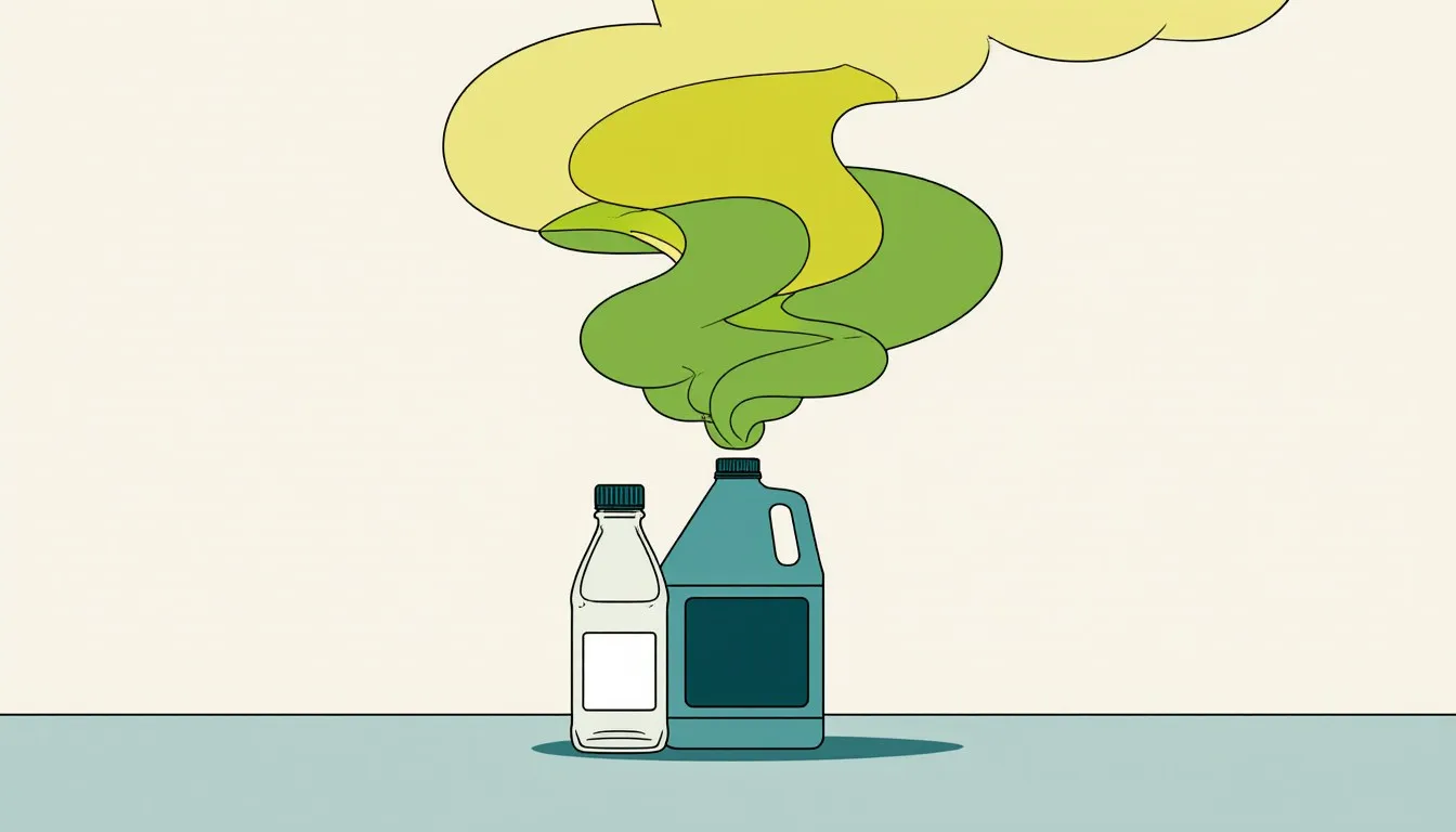 A vinegar bottle and bleach jug together with a swirling toxic gas cloud rising between them
