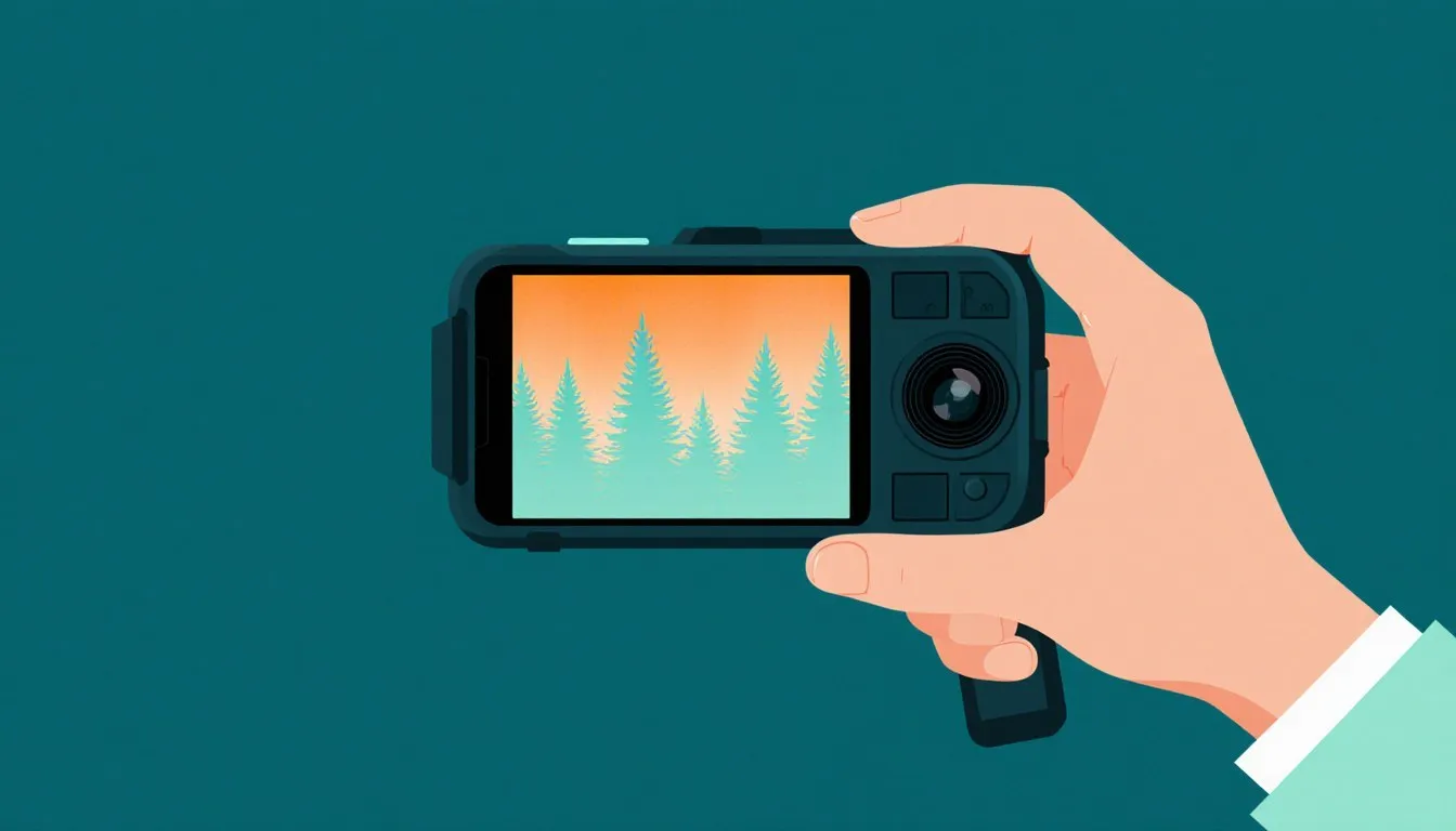 Illustration of a hand holding a thermal imaging device showing a glowing orange landscape