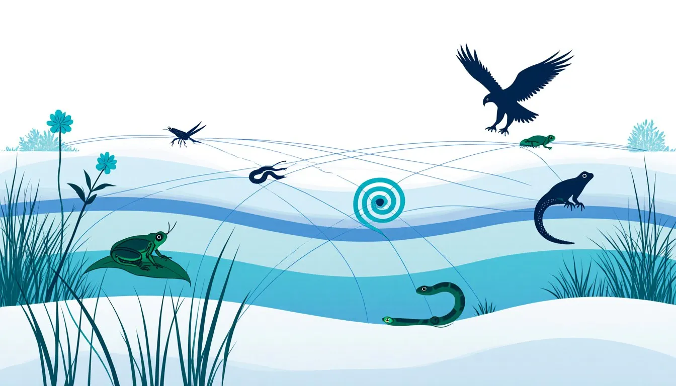 Meadow scene with a plant, grasshopper, frog, snake, and hawk linked by lines showing a food web