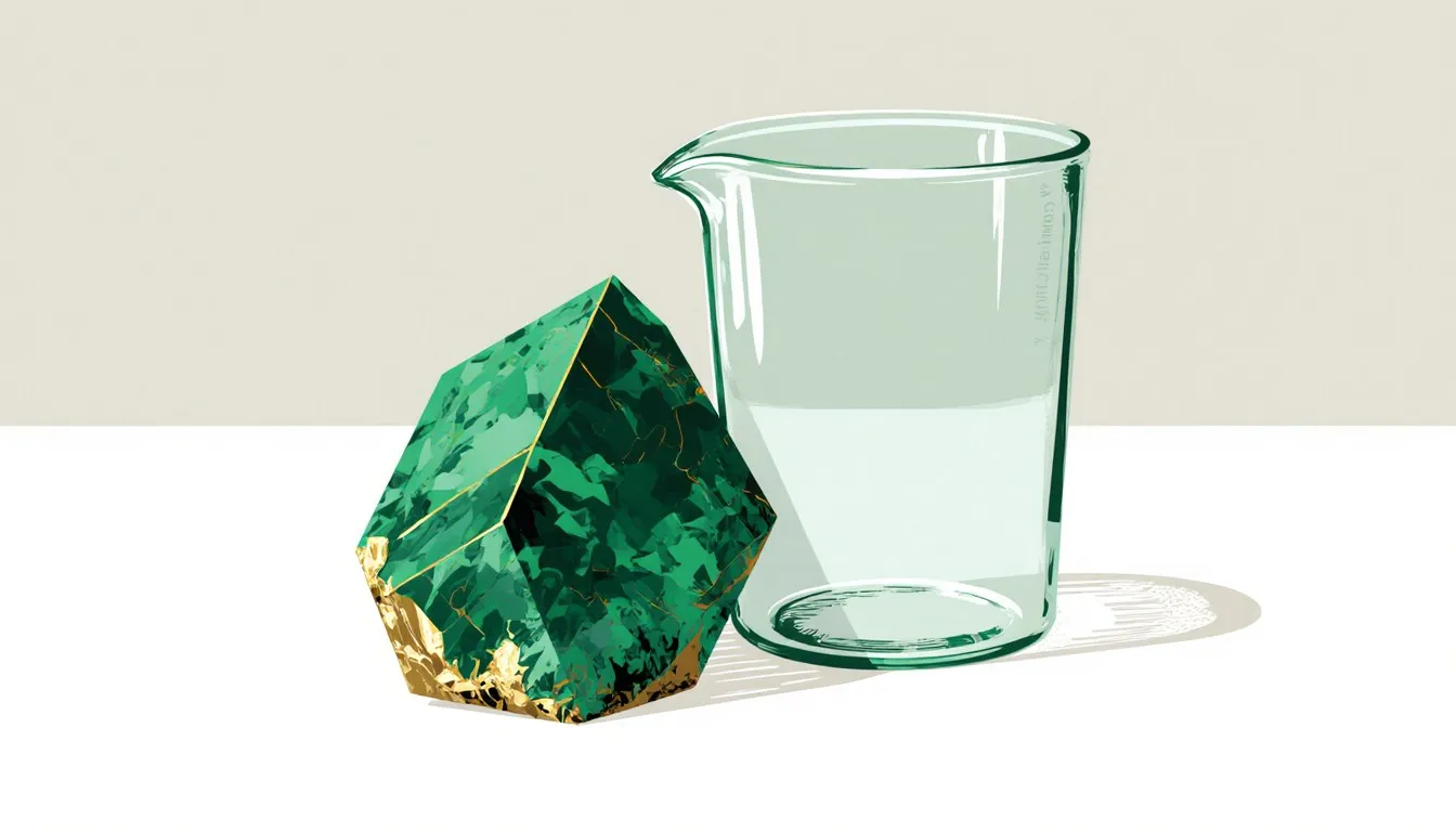 A chunk of raw crystalline boron beside a glass beaker, representing the element and its use in glassmaking