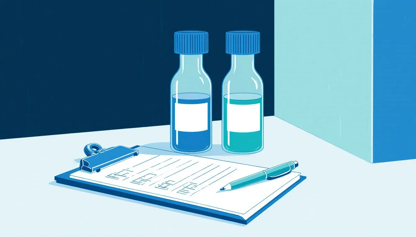 Illustration of a clipboard checklist with a pen beside two labeled sample bottles