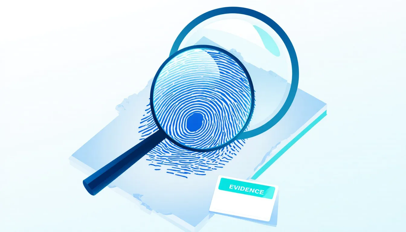 A magnifying glass enlarging a fingerprint beside a blank forensic evidence marker