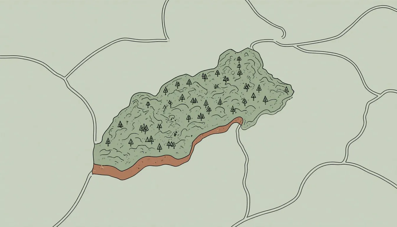 A stylized map with one region textured in mountains and forest, distinct from the plain land around it, representing a