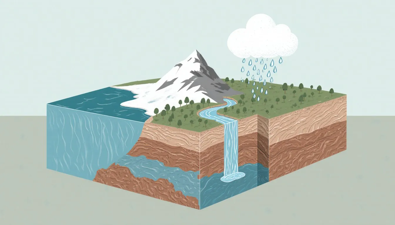 Cross-section illustration of ocean, rain clouds, snowcapped mountain, and underground water representing Earth's hydrosphere