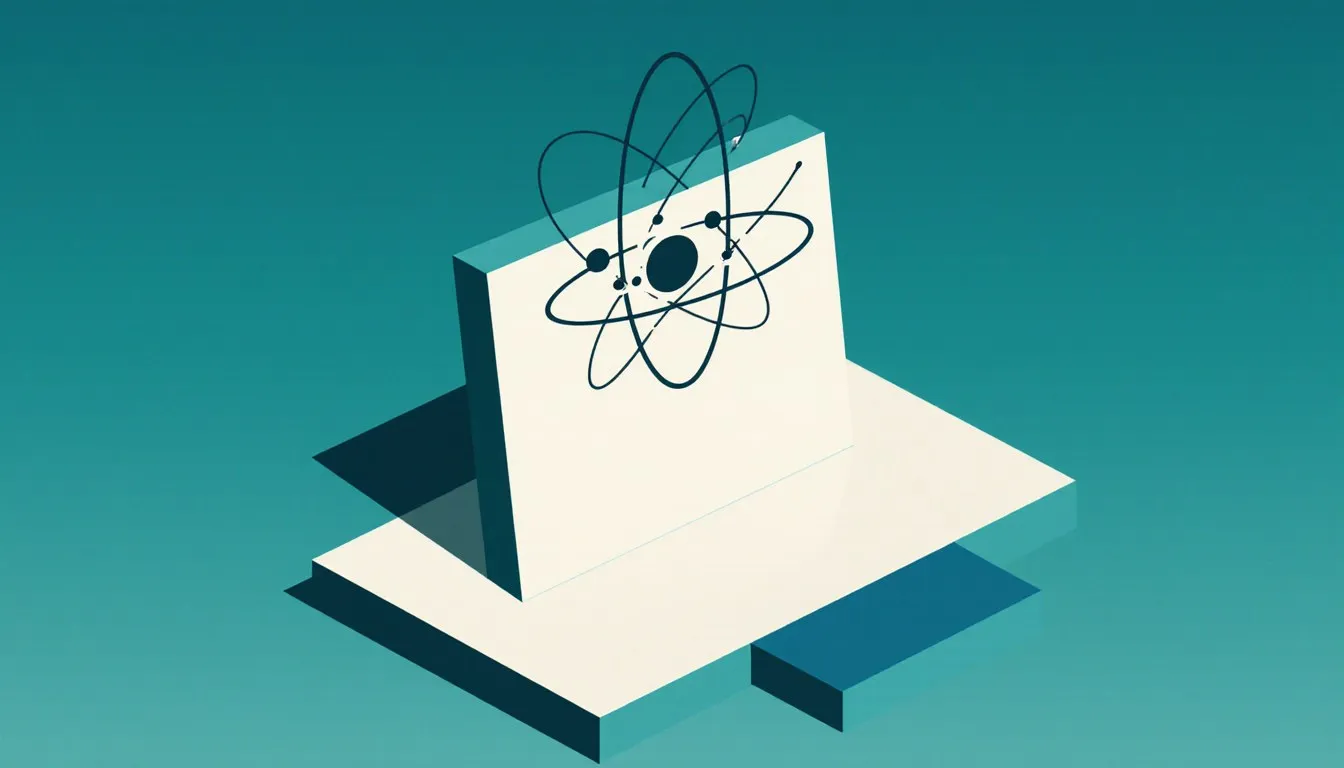 A periodic table element tile with a simple atom diagram of orbiting electrons floating above it
