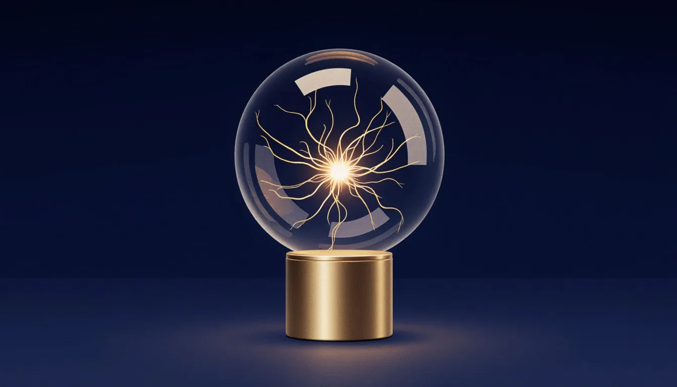 A glass plasma ball with glowing violet filaments arcing from its core to the sphere's surface