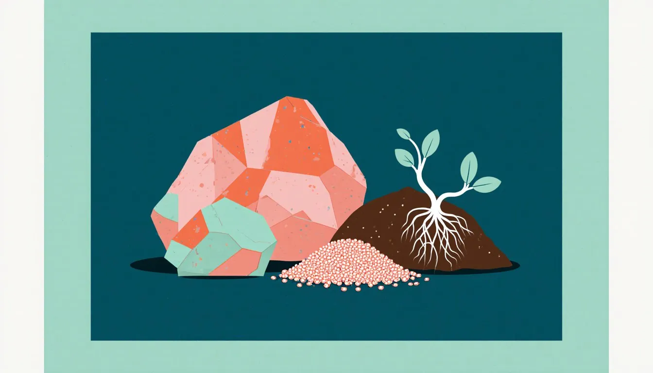 Pink-orange potash mineral chunks and fertilizer granules beside a cluster of plant roots