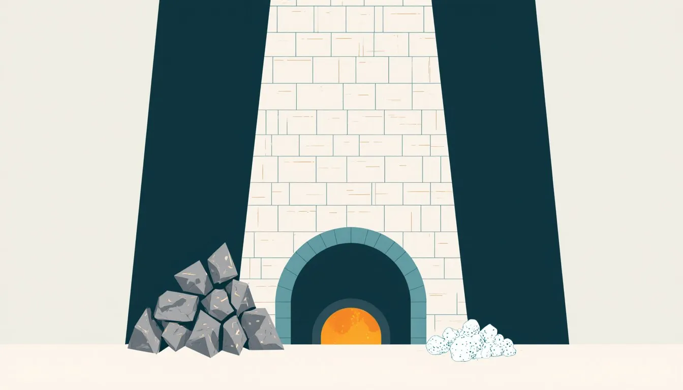 Illustrated lime kiln with grey limestone boulders stacked above and white quicklime lumps piled at its glowing base