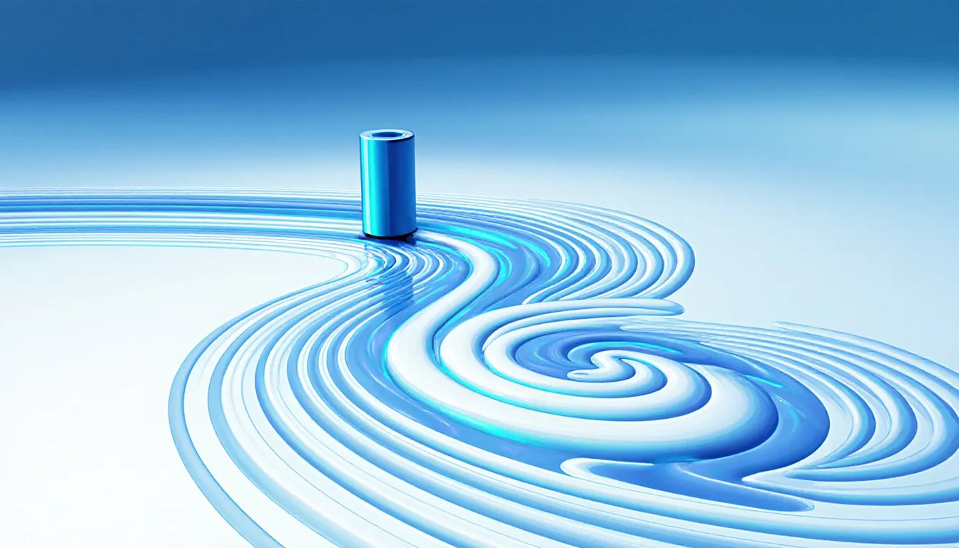 Illustration of fluid streamlines flowing around a cylindrical obstacle and curling into swirling vortices downstream