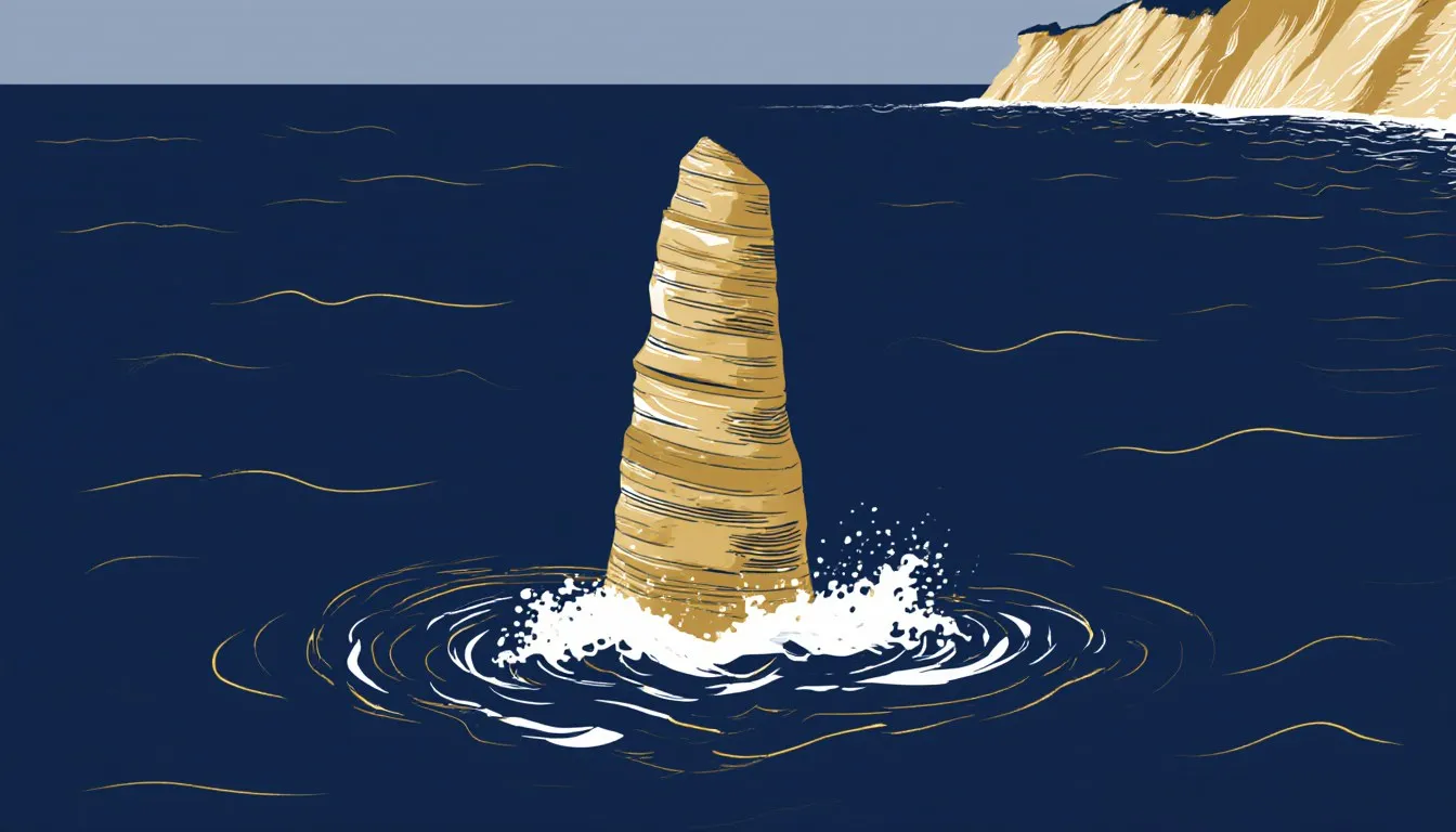 A tall rock sea stack rising from the ocean, separated from the coastal cliff behind it by crashing waves