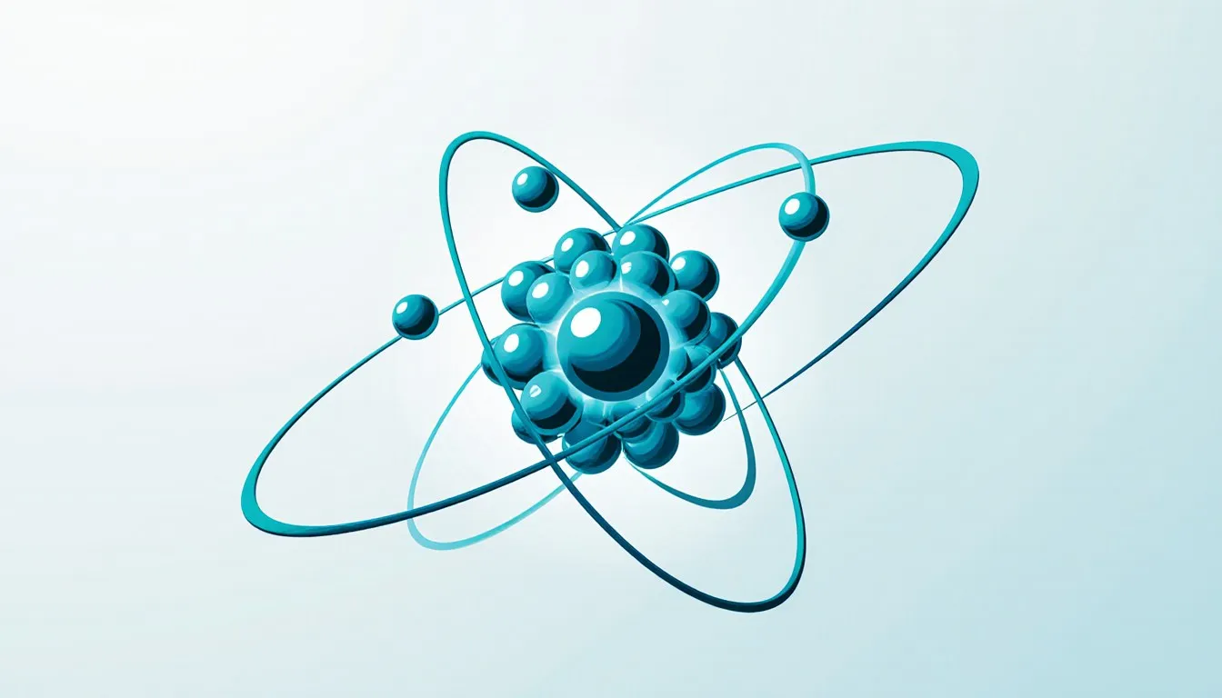 Diagram of an atom showing a central nucleus of protons and neutrons orbited by electrons on curved paths