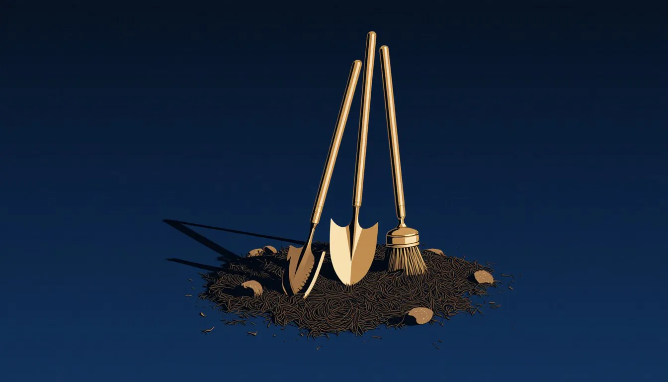 A mattock, trowel, and brush arranged beside a patch of excavated earth, key tools of archaeological fieldwork.