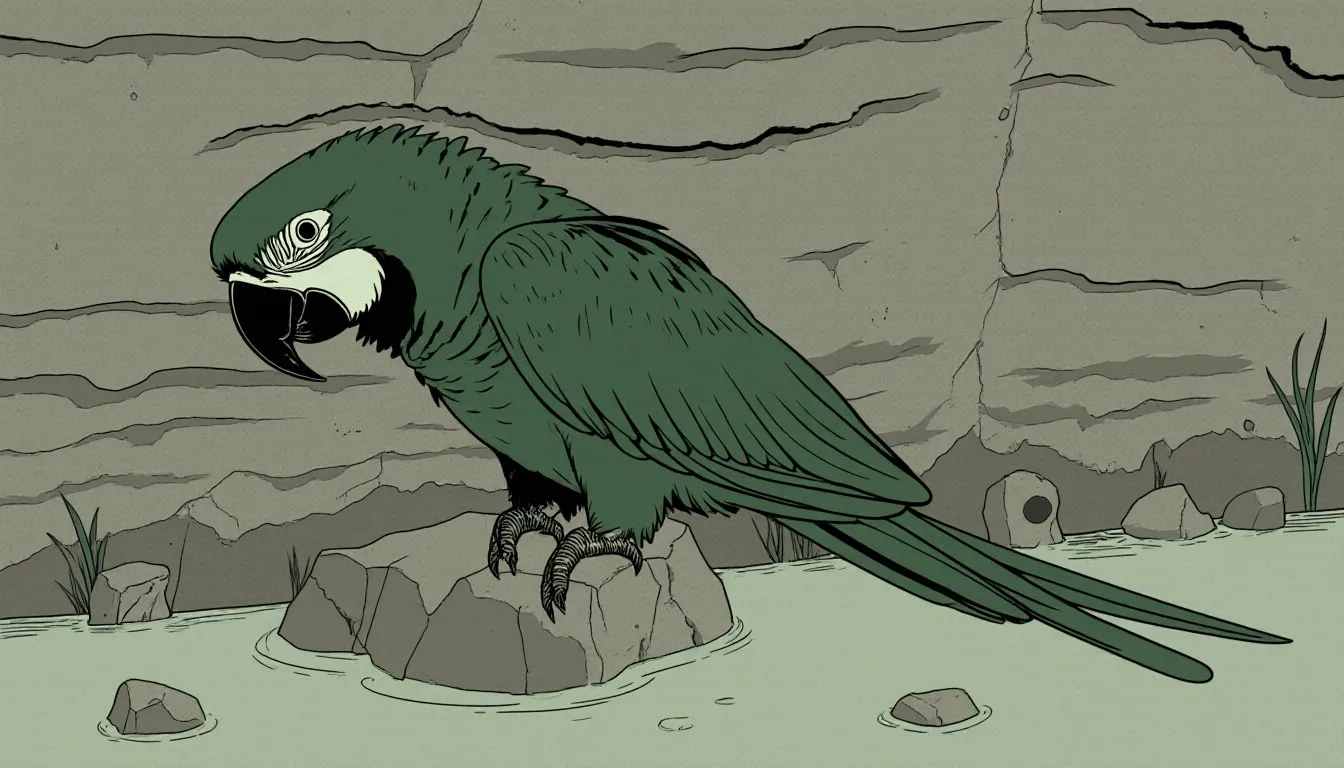 Illustration of a macaw perched on a clay riverbank, pecking at the clay it eats as part of its natural diet