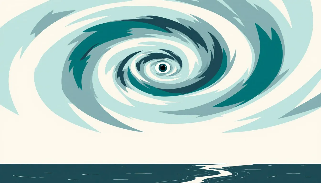 A hurricane's spiral cloud bands swirl around a calm central eye above a coastline, illustrating storm season.