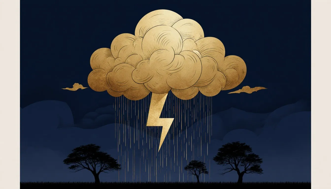 Illustration of a golden storm cloud with a lightning bolt over silhouetted trees