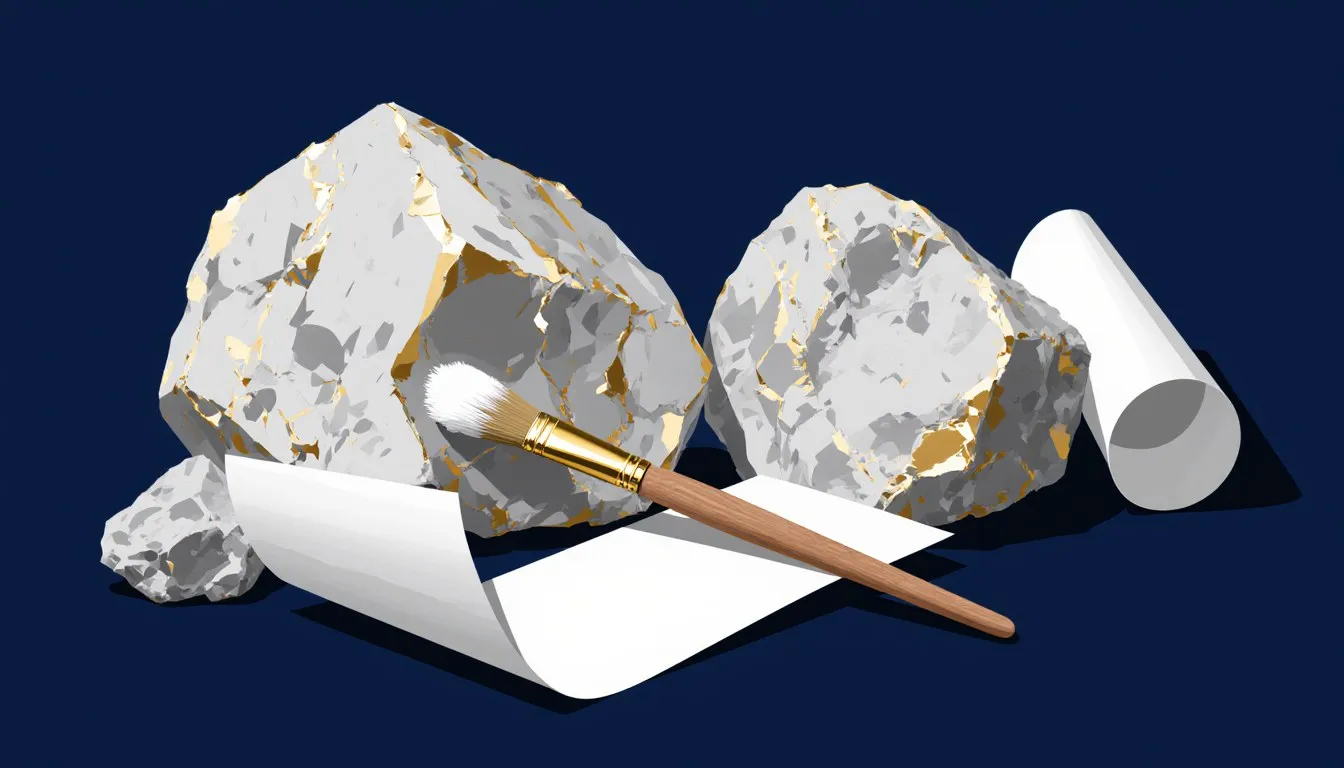 Still life of chalky mineral rock chunks, a paint-loaded brush, and curled paper, evoking calcium's mineral source and uses