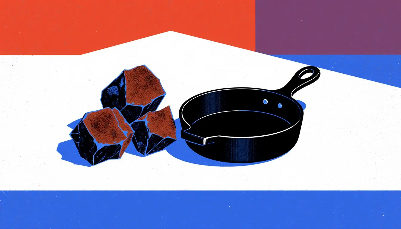 Rough chunks of raw iron ore beside a cast-iron skillet, evoking iron's ancient origin and everyday use