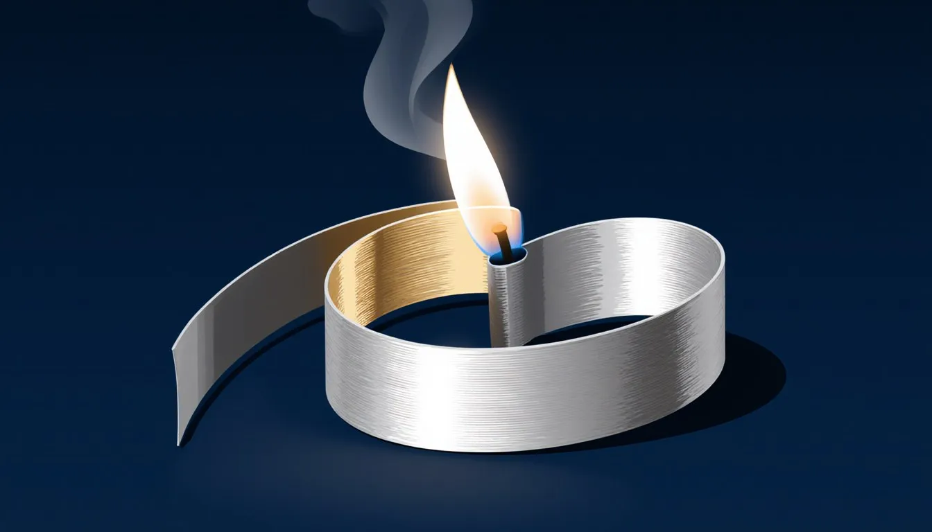 A coiled ribbon of silvery magnesium metal burning with a brilliant white flame at one end