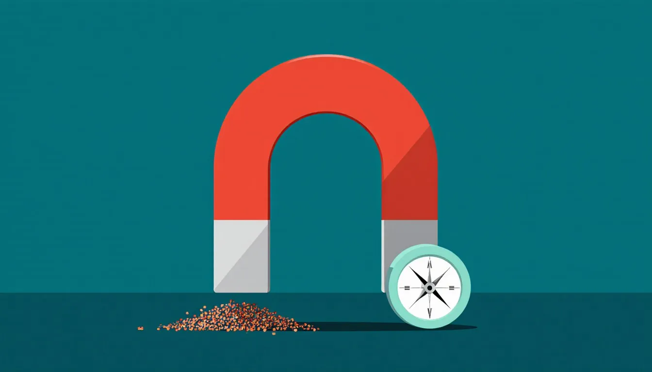 A red horseshoe magnet drawing iron filings to its poles beside a compass, illustrating the discovery of magnetism.