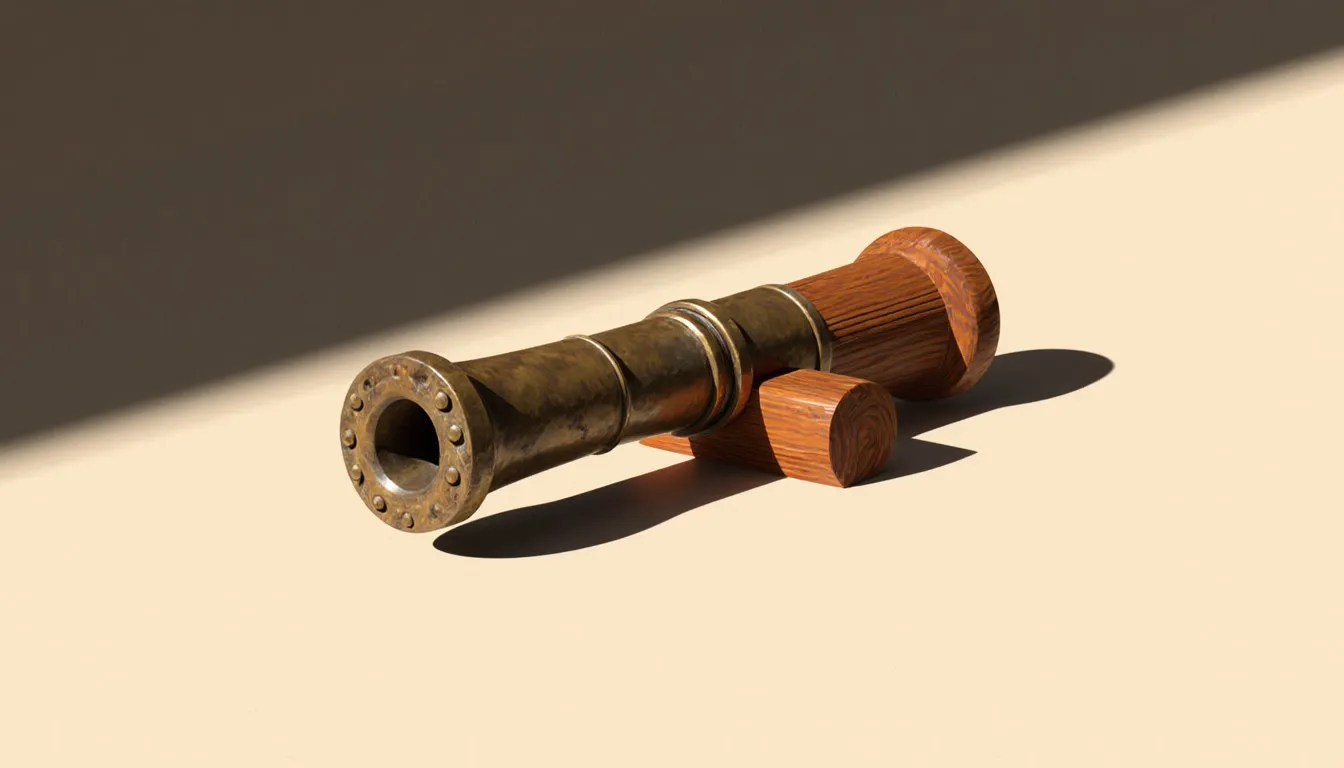 An early bronze hand cannon with a flared muzzle and wooden haft, the primitive gun credited to Song dynasty China.